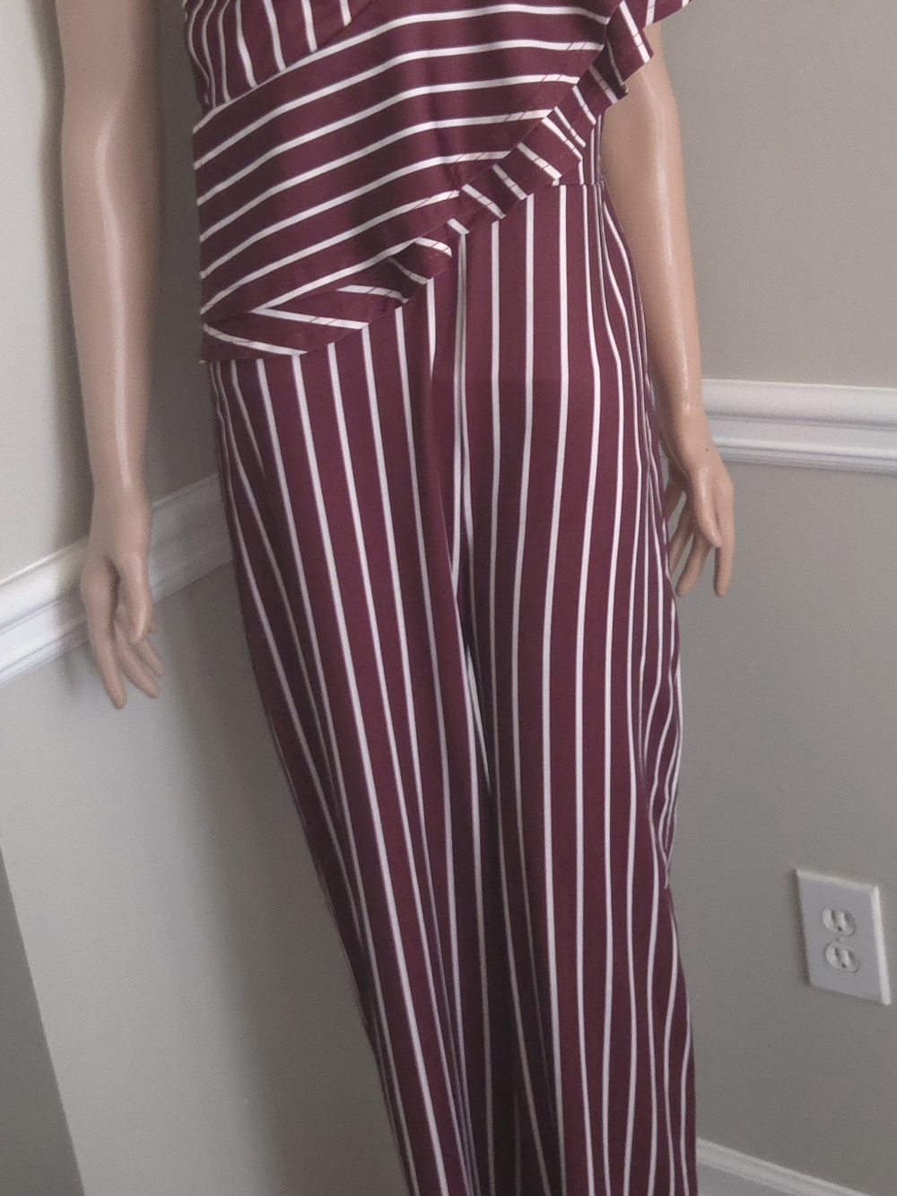 Striped One ARM Ruffle Sexi Wide-Leg Jumpsuit - Burgundy/White